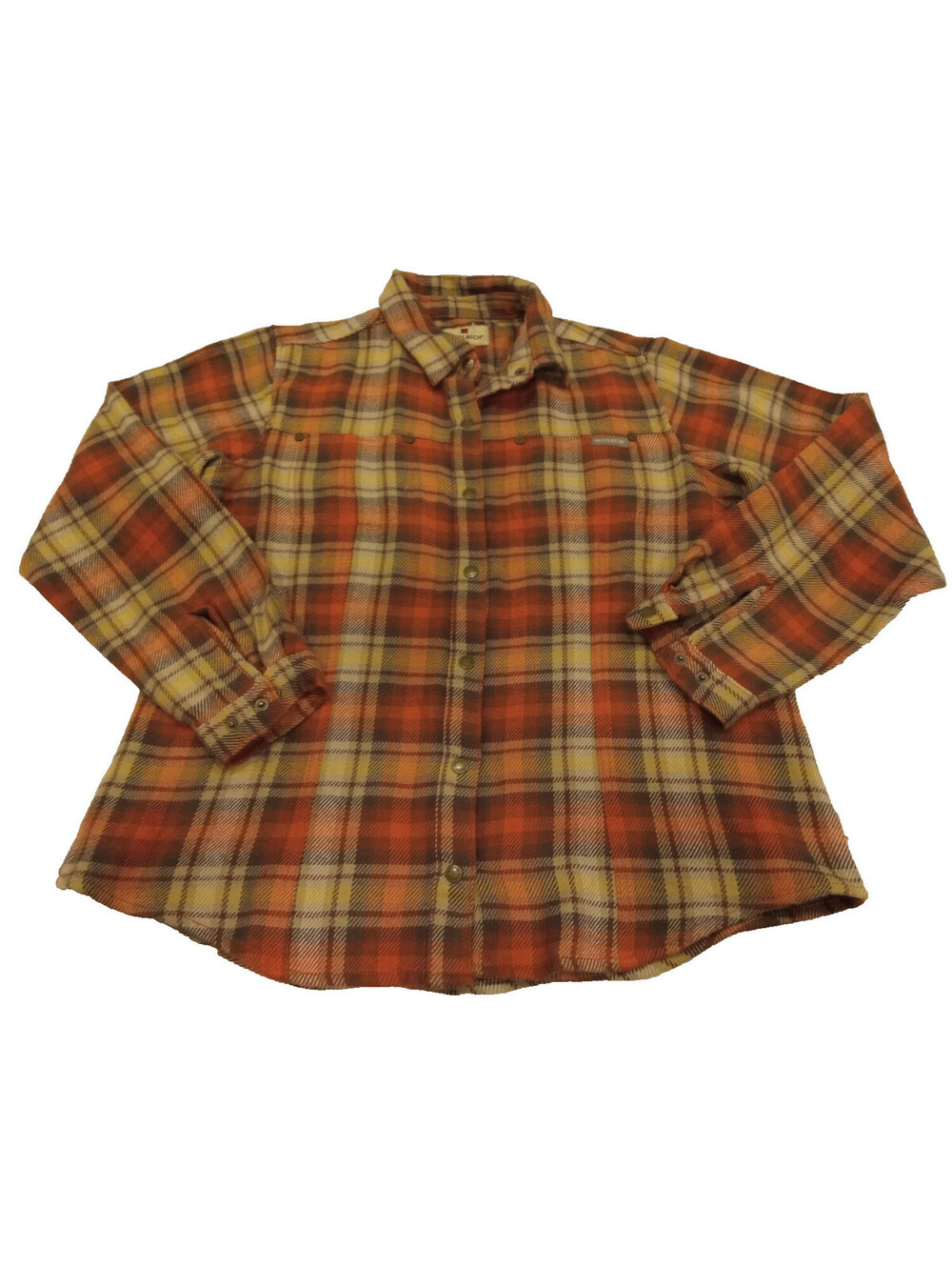 Woolrich Flannel Shirt Womens Large Orange Red Yellow Plaid Long Sleeve Button